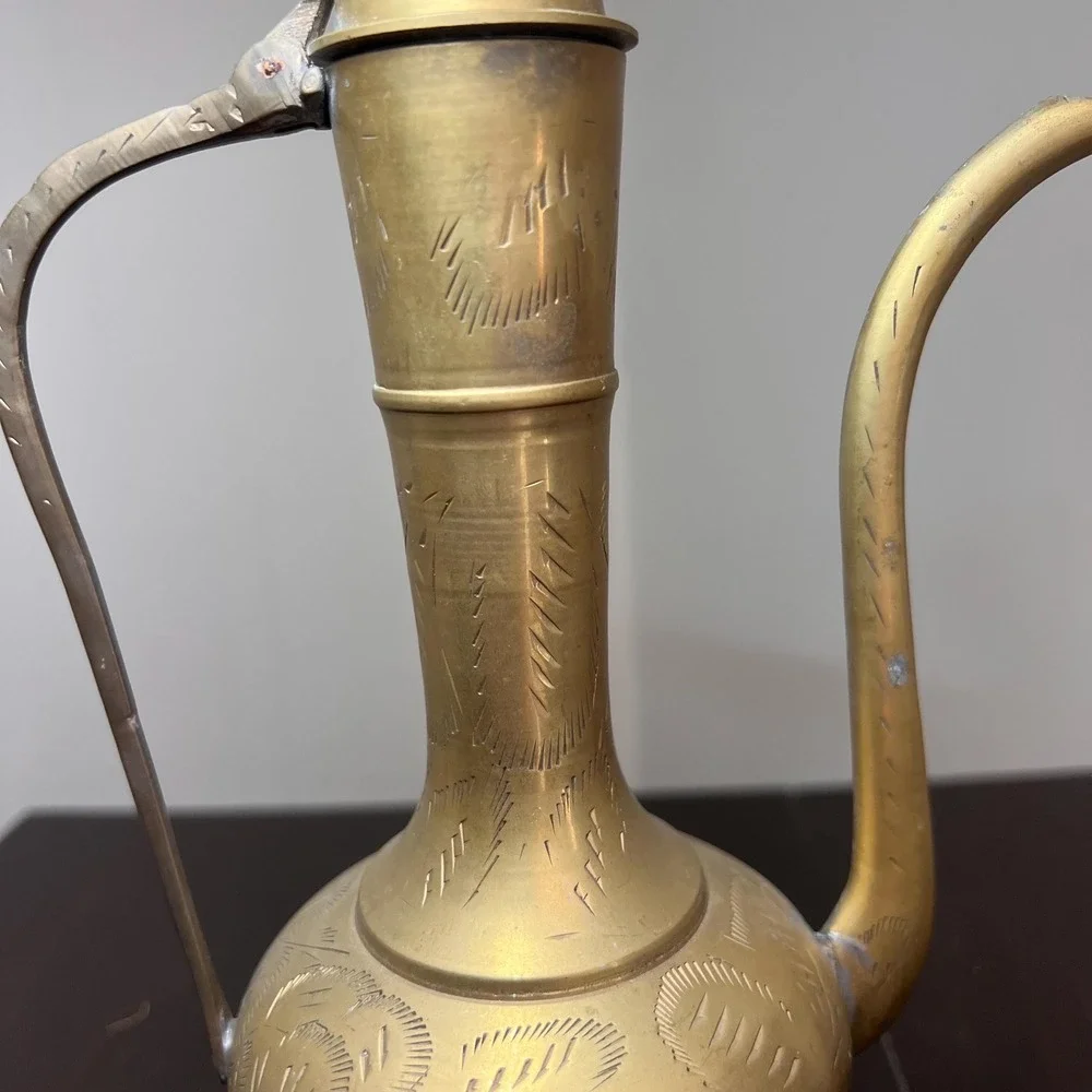 VTG Brass Ewer & 2 Goblets Set, Etched India Decanter Moroccan Style Pitcher Bar